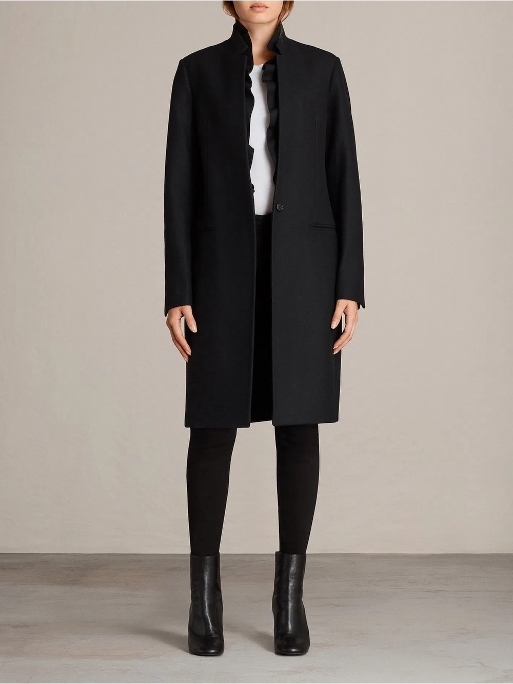 AllSaints Black Long Trench Coat with Stand Collar